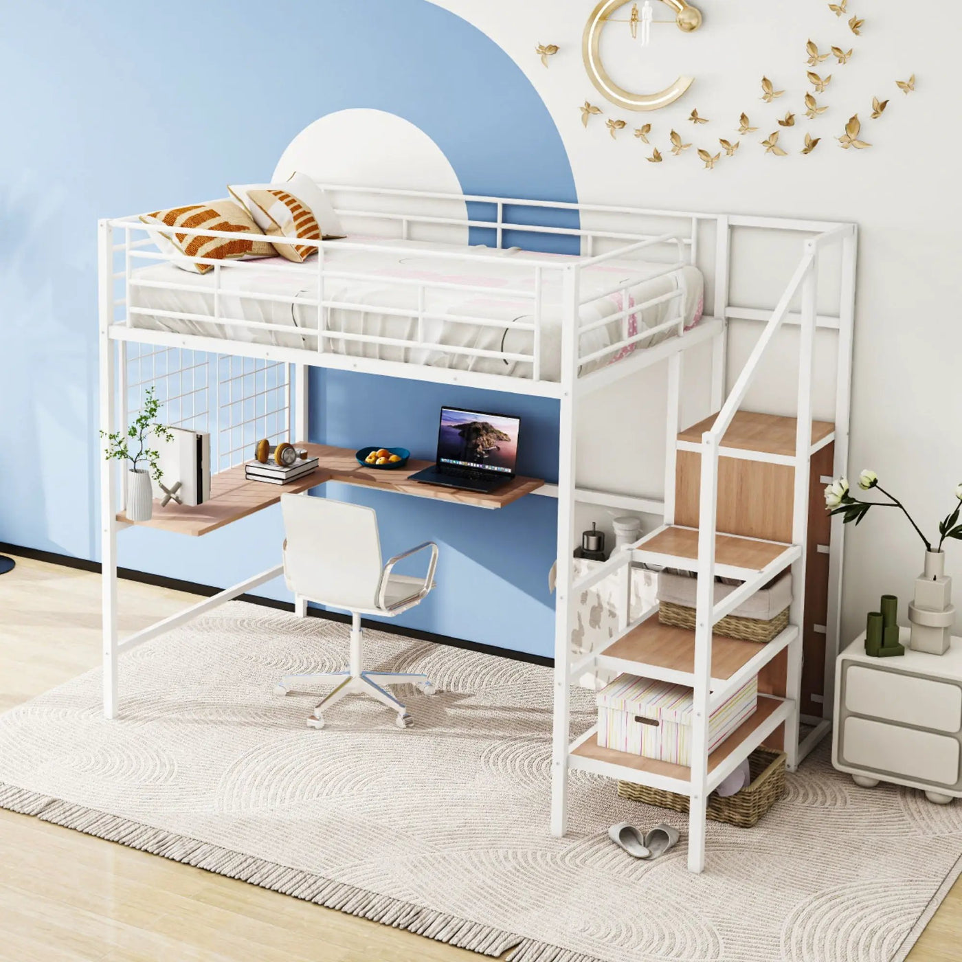 Loft Bed With Desk And Grid, Stylish Frame With Lateral Storage Ladder And Wardrobe by Unique Piece Furniture
