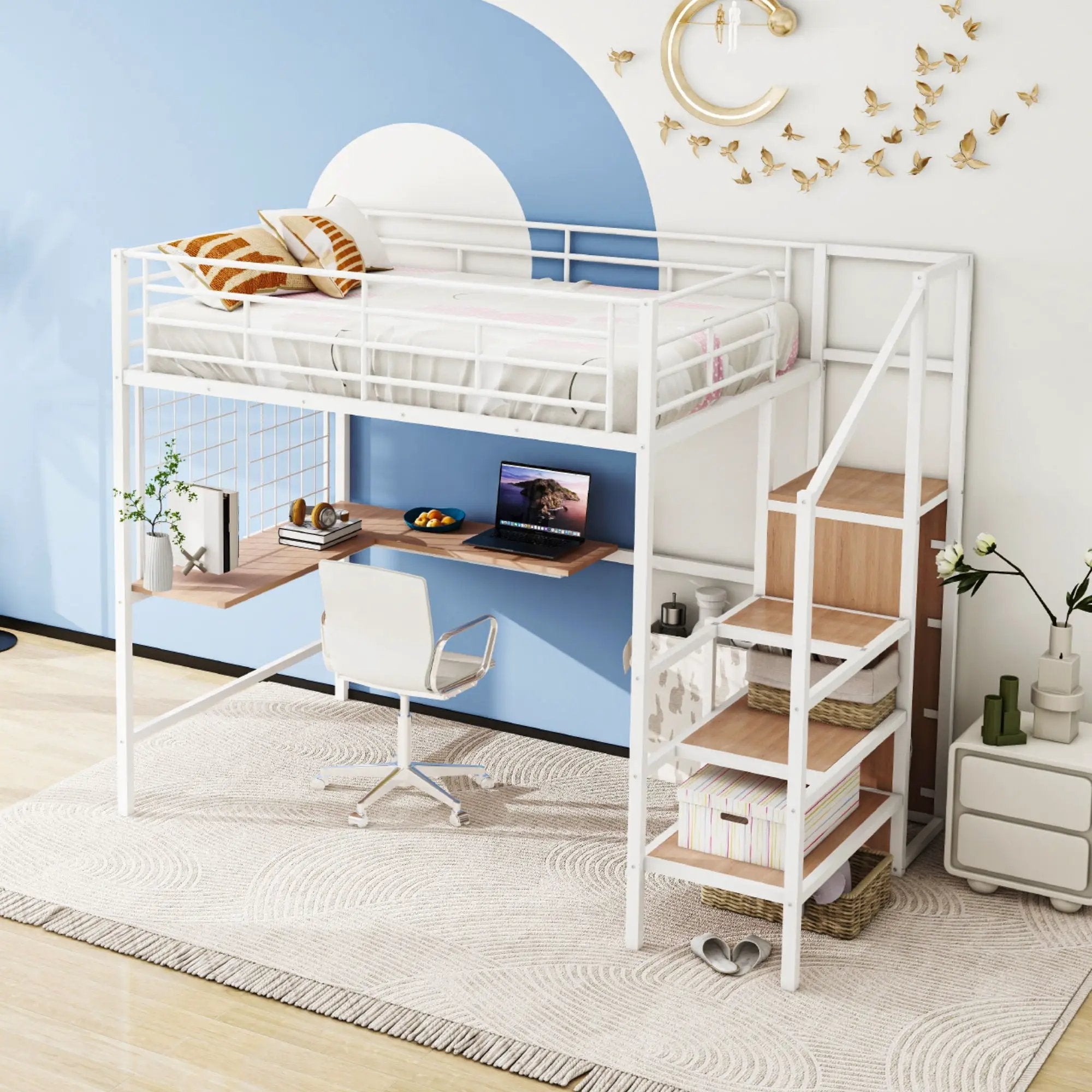 Loft Bed With Desk And Grid, Stylish Frame With Lateral Storage Ladder And Wardrobe by Unique Piece Furniture