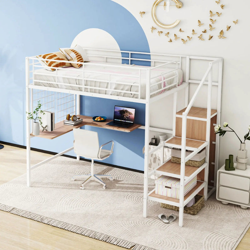 Loft Bed With Desk And Grid, Stylish Frame With Lateral Storage Ladder And Wardrobe by Unique Piece Furniture