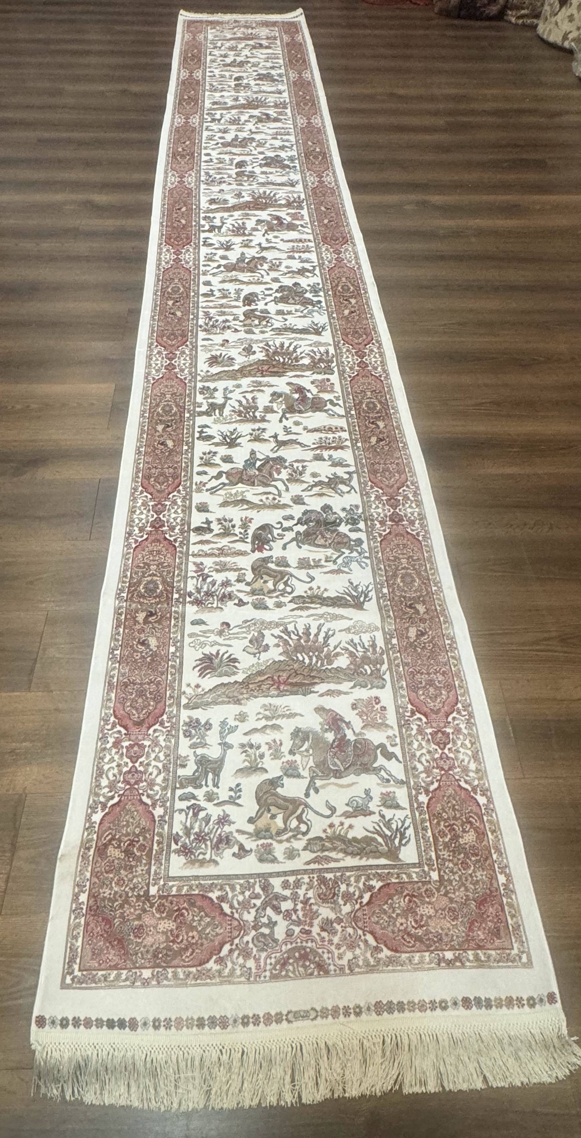 Long Turkish Silk Runner Rug 2.6 x 16.5, Hunting Design, Ivory, Bamboo Silk, New by Jewel Rugs