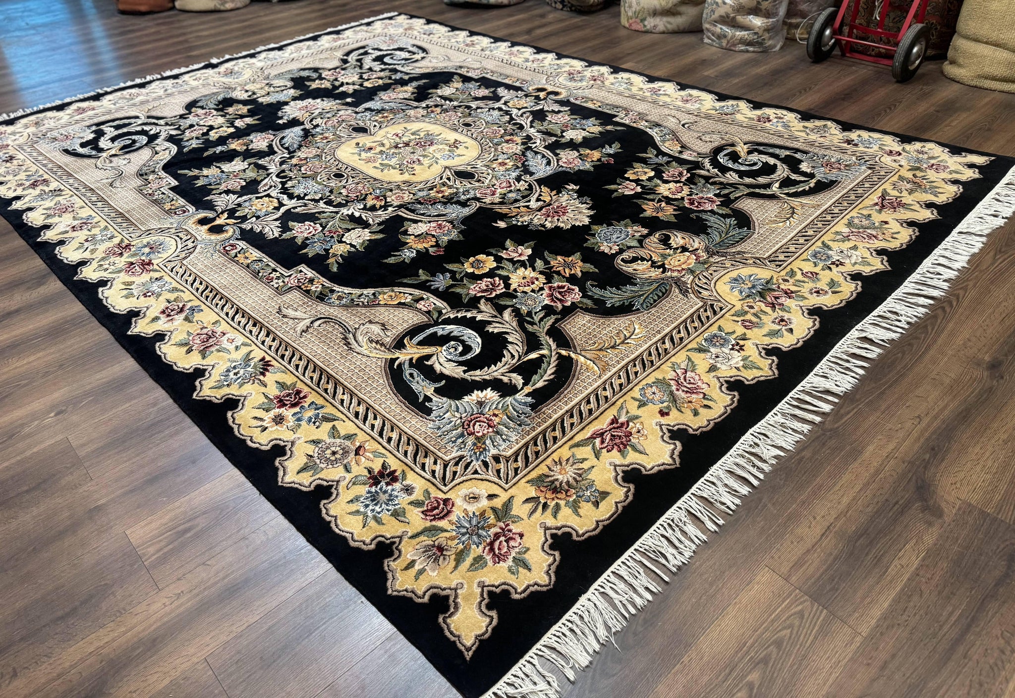 Aubusson Rug 9x12, Black and Beige, Floral, Elegant Handmade French European Design Carpet by Jewel Rugs