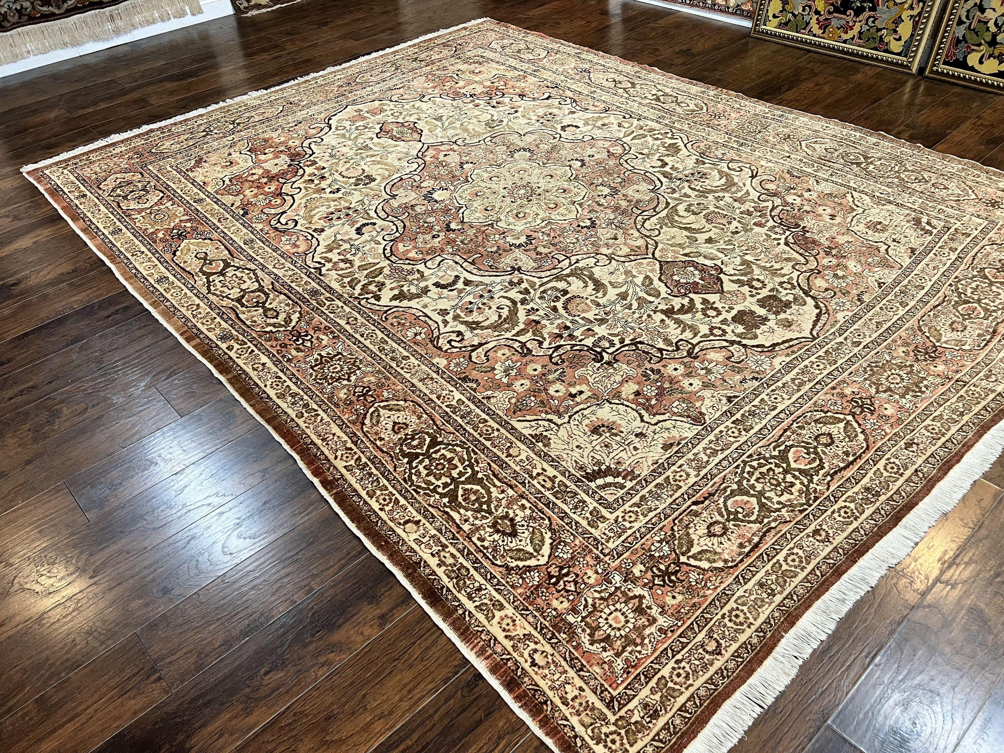 Antique Persian Tabriz Rug 10x12, Wool Hand Knotted Oriental Carpet, Beige Light Red, Floral Medallion by Jewel Rugs