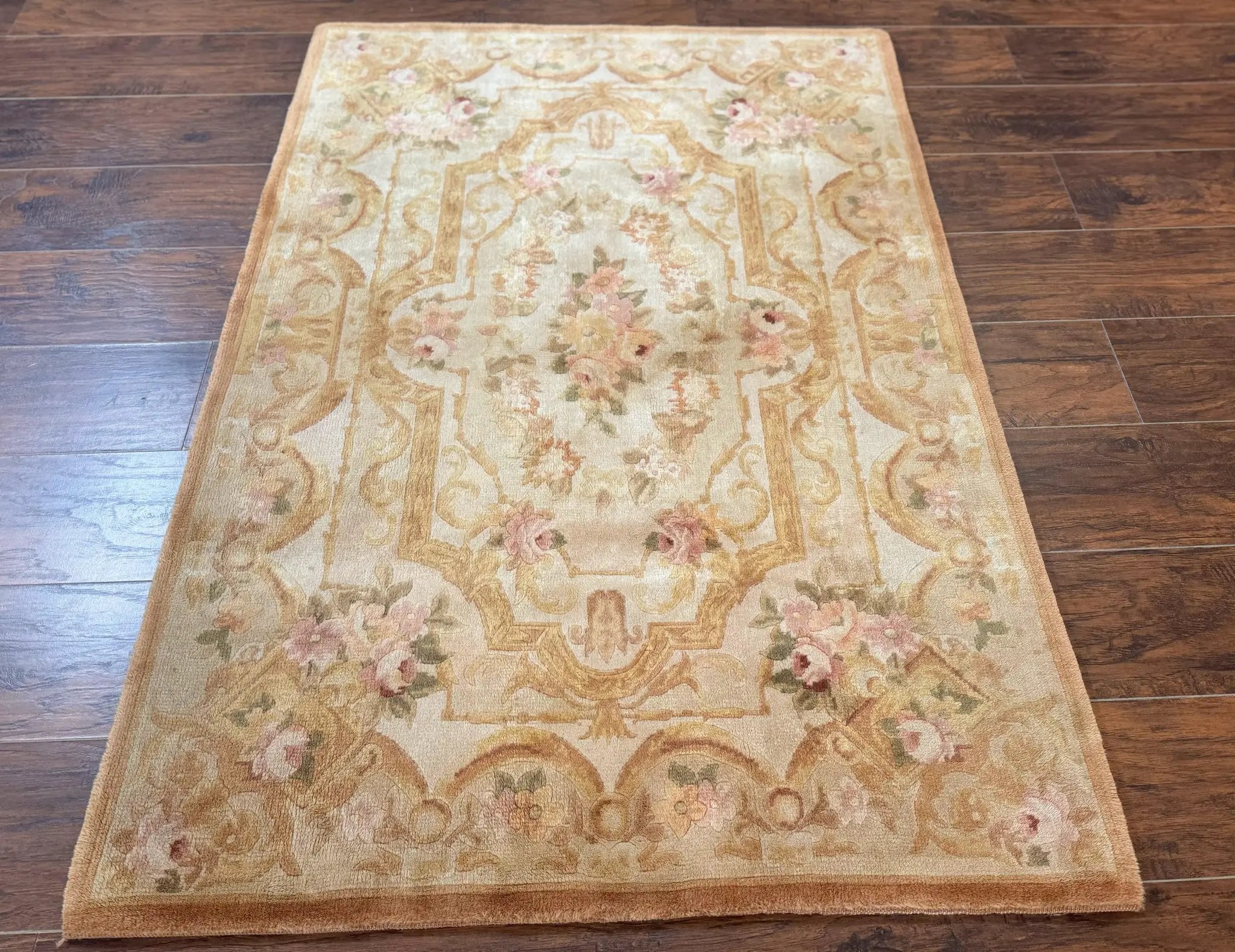 Chinese Aubusson Rug 3.6 x 5, Beige and Gold, Handmade Vintage Elegant European Design Carpet, Plush Wool, Handmade by Jewel Rugs