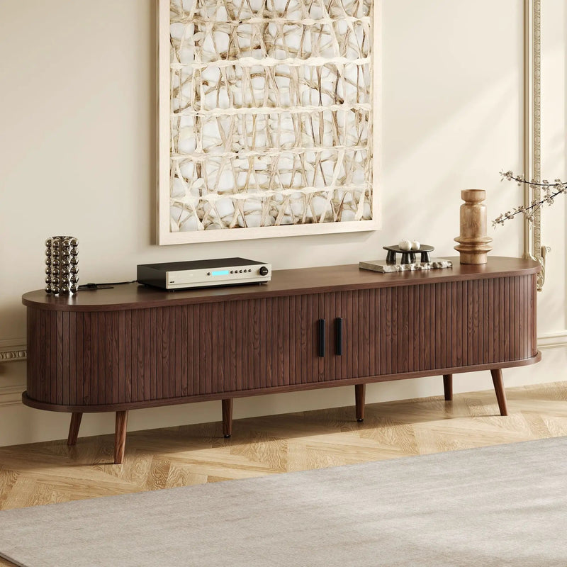 TV Stand For 70" TV, Console With Tambour Doors, Drawers And Built In Power Outlet - Dark Brown by Unique Piece Furniture