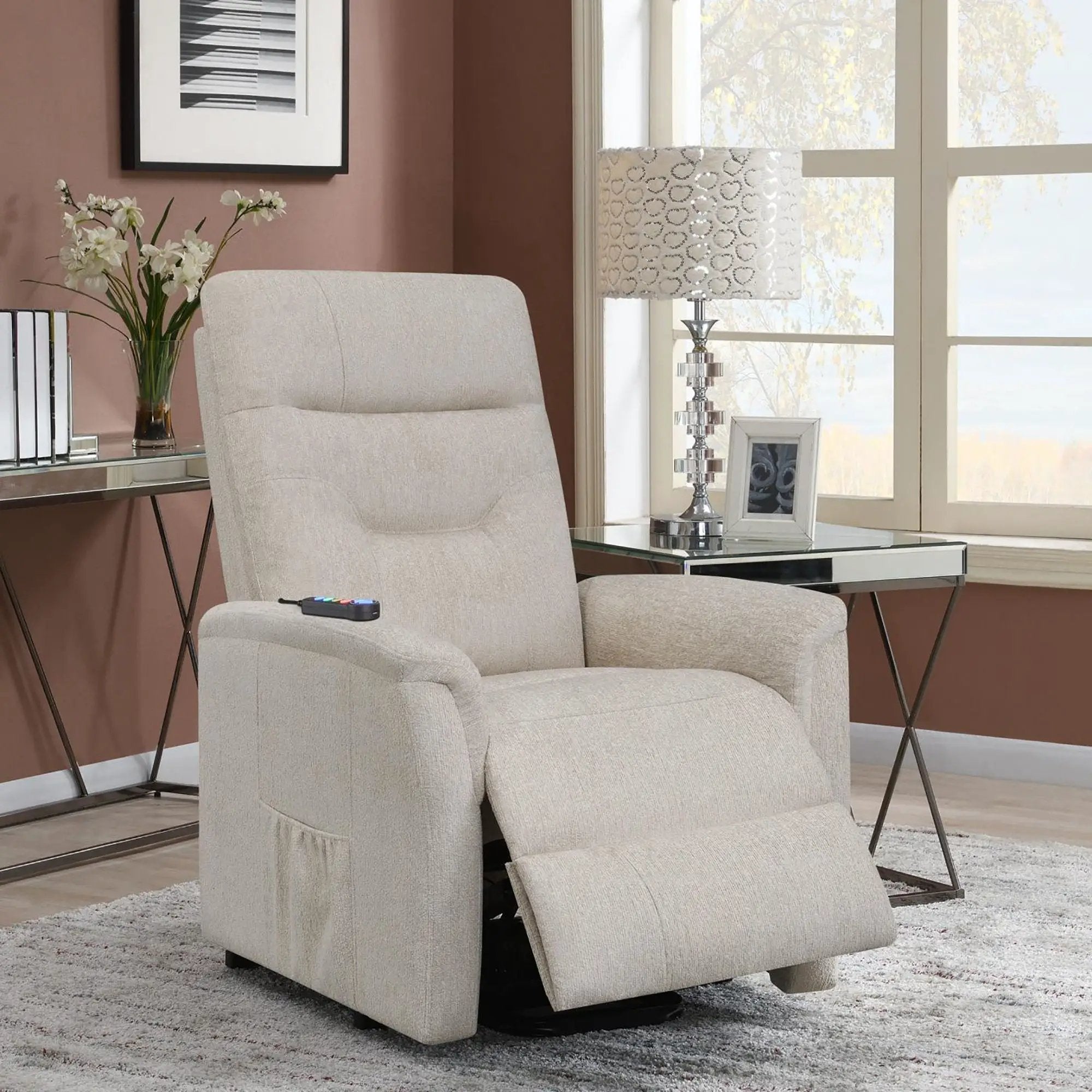 Upholstered Power Lift Recliner With Storage Pocket And USB Charging - Beige by HouseOfZazla