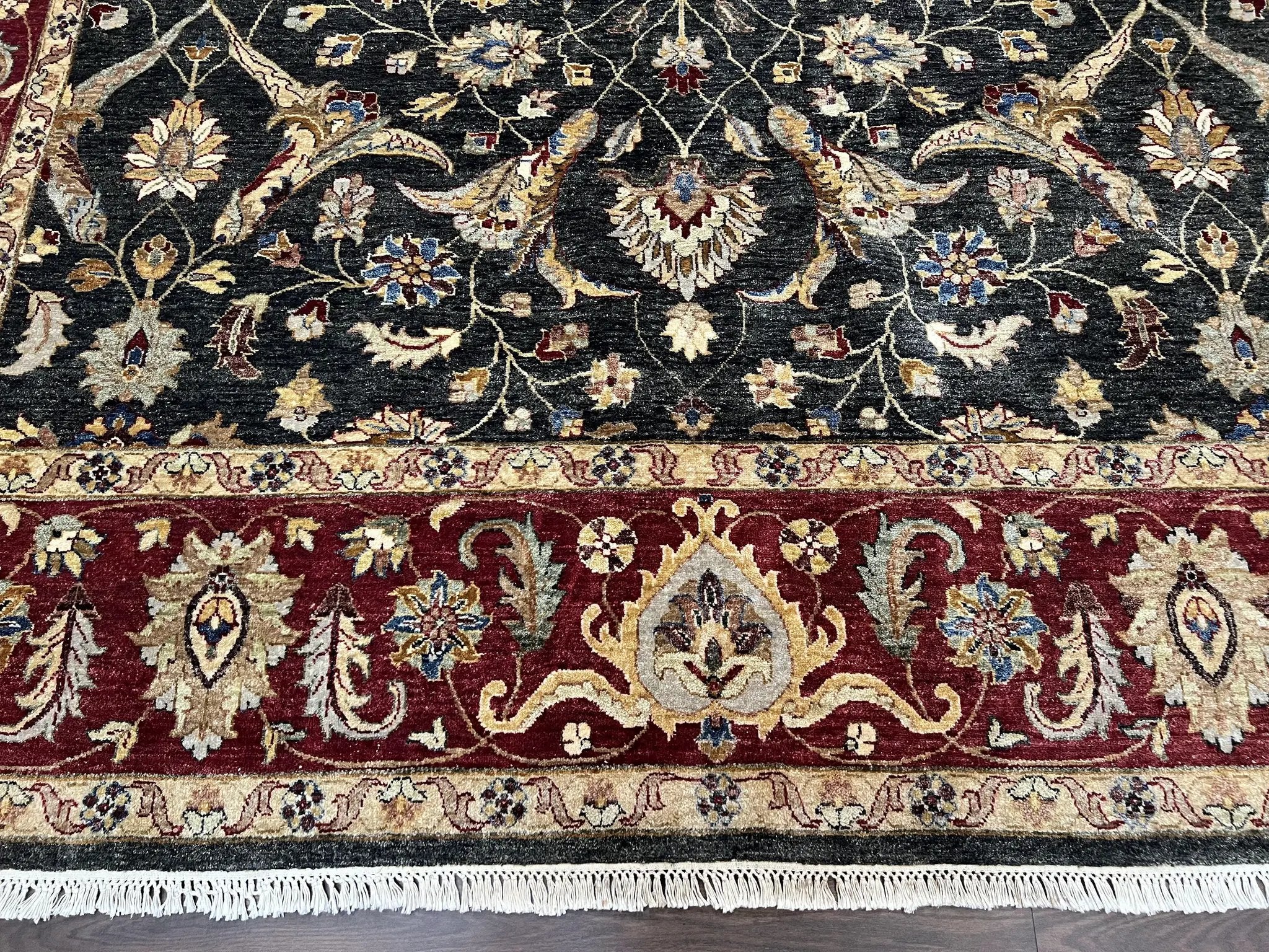 Pak Persian Mahal Rug 9x12, Allover Floral Pakistani Oriental Carpet 9 x 12, Wool Hand Knotted Area Rug, Dark Slate Gray-Black and Maroon by Jewel Rugs