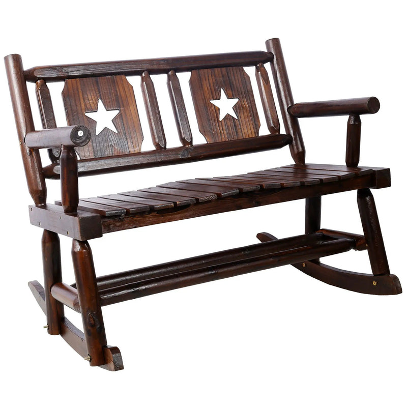 Rustic Outdoor Wood Rocking Bench Double Rocking Chair For 2 Persons With Curved Seat, Porch Rocker - Brown by Unique Piece Furniture