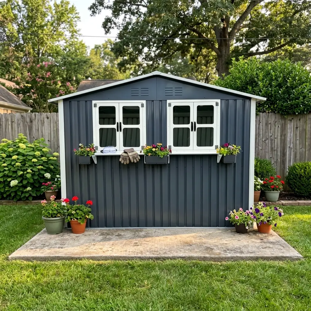 6x9 FT Outdoor Metal Storage Shed with Window & Flower Rack by HouseOfZazla