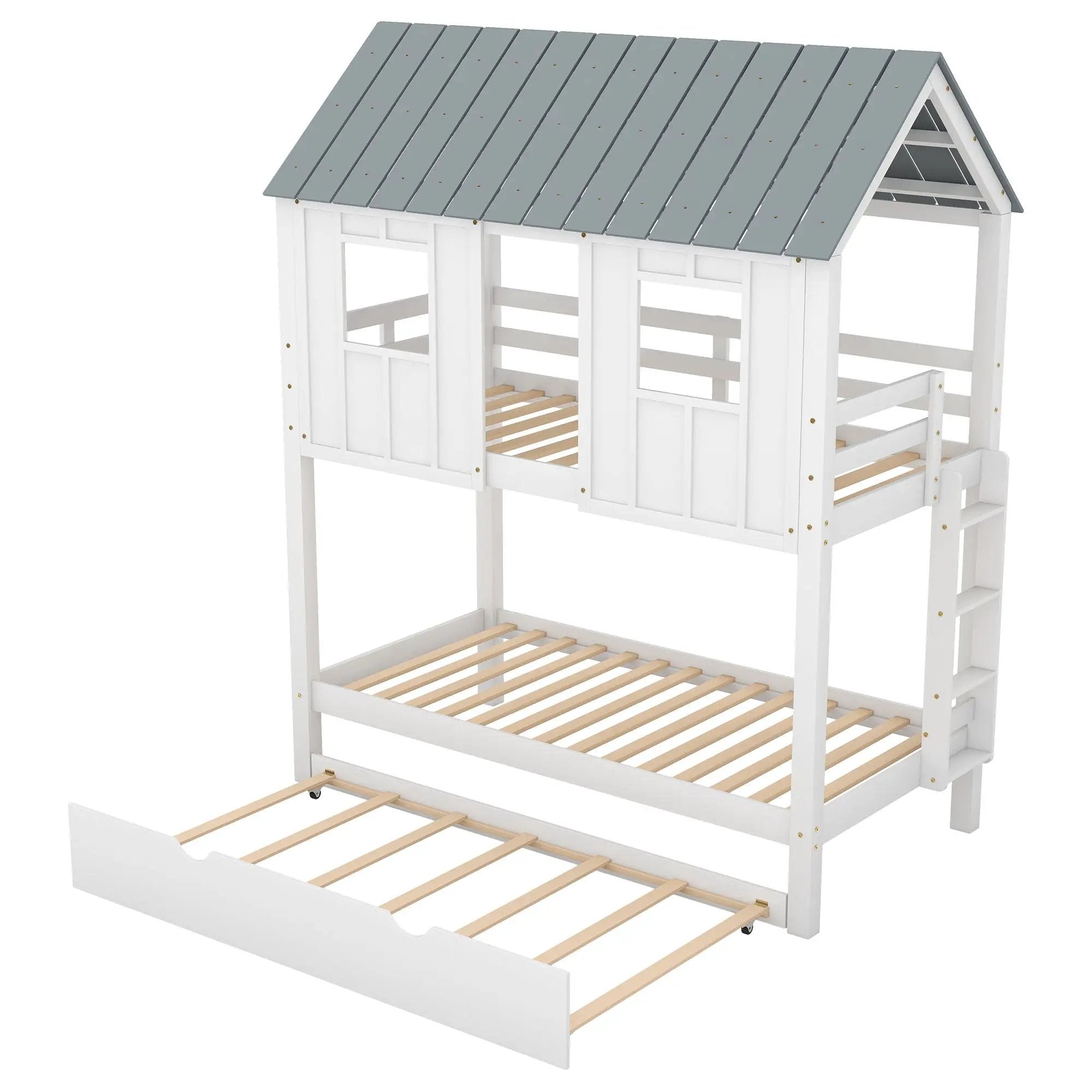 Twin Size House Bunk Bed With Trundle, Roof And Windows - White / Gray by Unique Piece Furniture