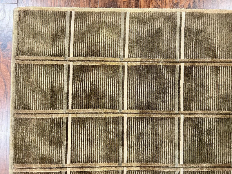 Tibetan Rug 4x6, Green Wool Handmade Area Rug 4 x 6, Panel Design, Modern Contemporary by Jewel Rugs