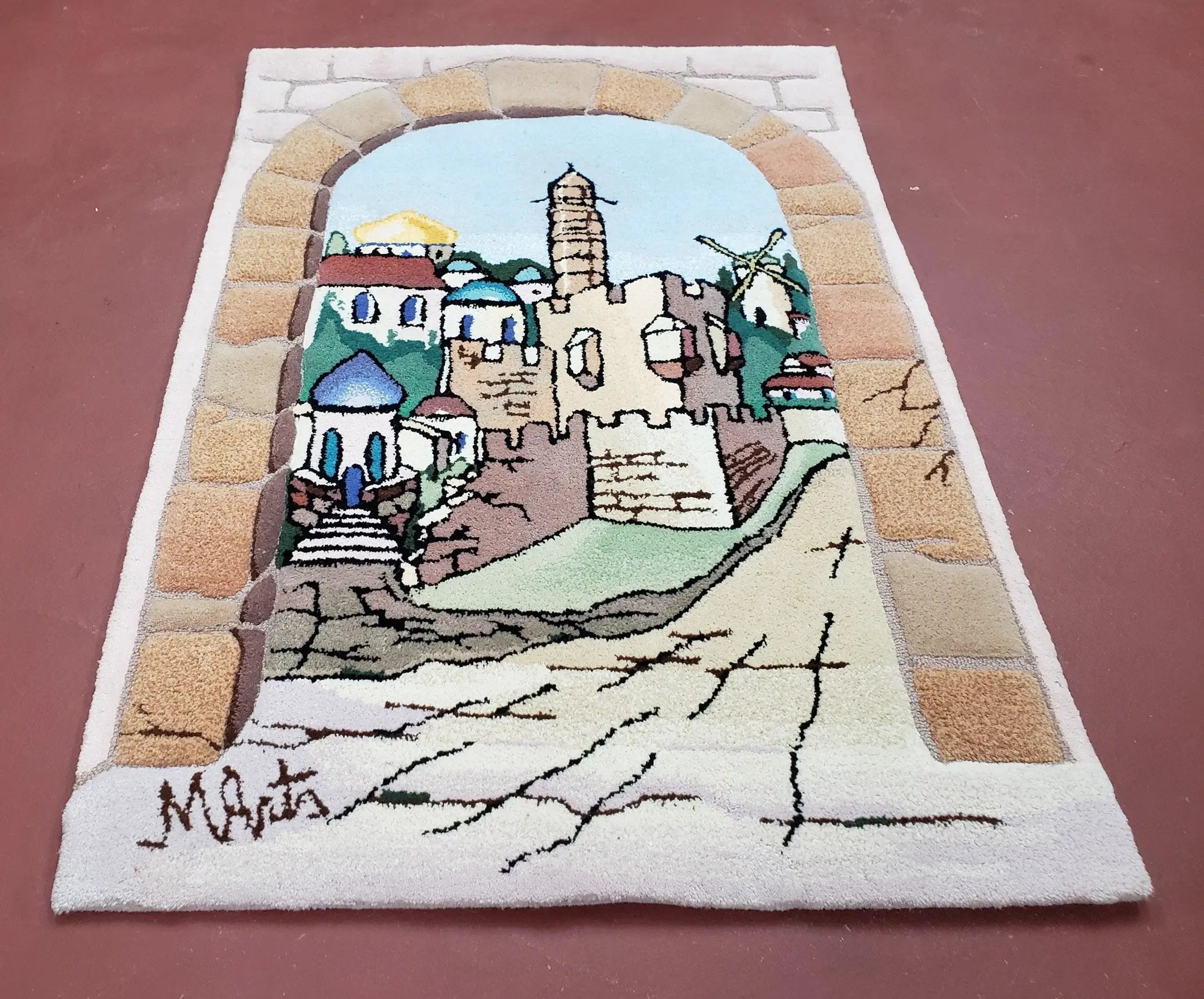 Small Judaica Rug, Rug with Jerusalem Pictorial, Chanuka Gift, Hand-Tufted, Jerusalem Gate, Vintage Judaica, Western Wall Rug, 3x4 Rug by Jewel Rugs