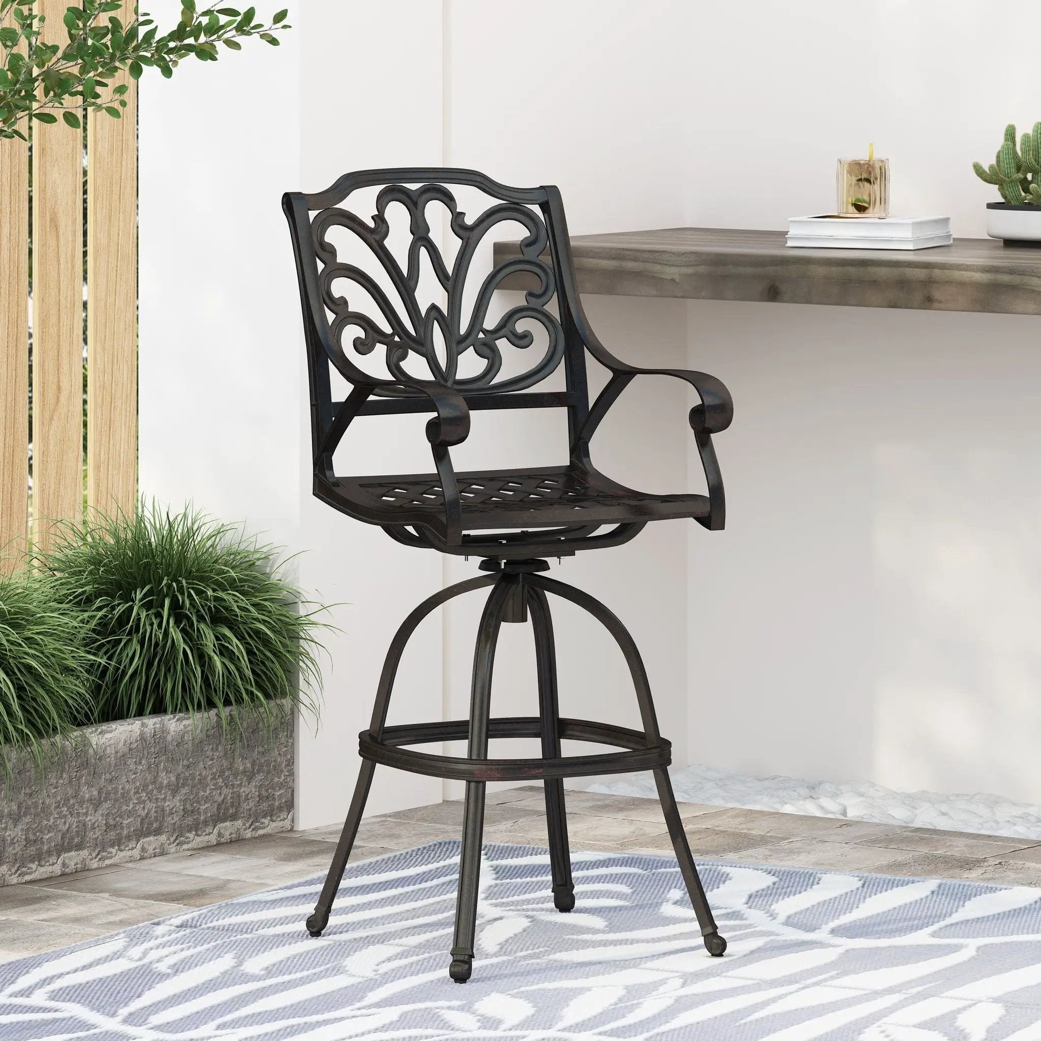 Outdoor Cast Aluminum Swivel Bar Stool With Scrolled Arms - Bronze by HouseOfZazla
