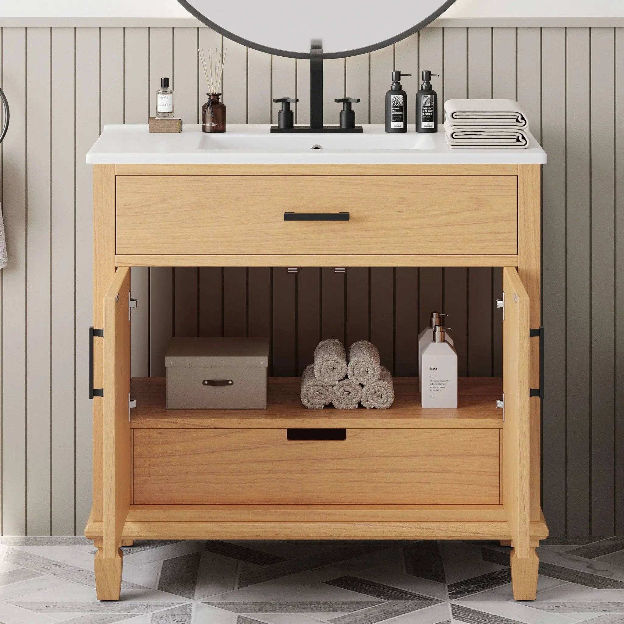 Bathroom Vanity With Ceramic Sink, Modern Free Standing Cabinet With Soft Close Drawers by HouseOfZazla