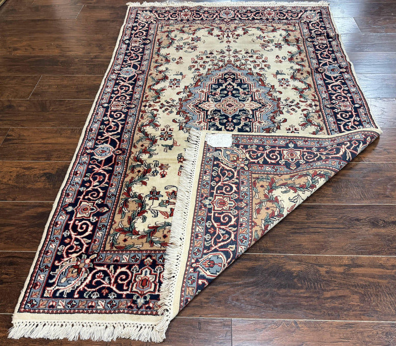 Indian Kashmiri Rug 4x6, Ivory Beige Navy Blue, Traditional Indo Persian Rug by Jewel Rugs