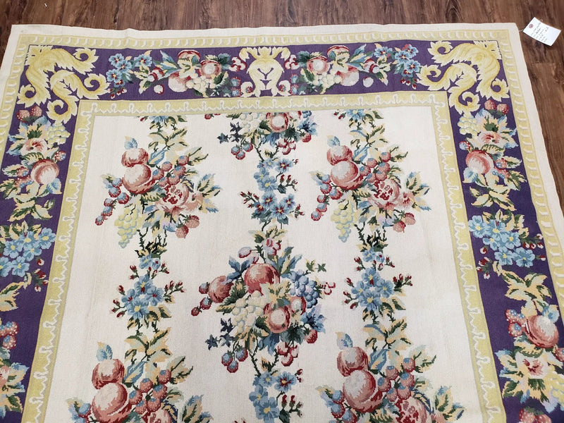 Vintage Chinese Floral Needlepoint Area Rug 6x9, Wool Hand-Woven Handmade Flatweave Rug, Ivory & Purple, Fruits Grapes Apples, Dining Room by Jewel Rugs
