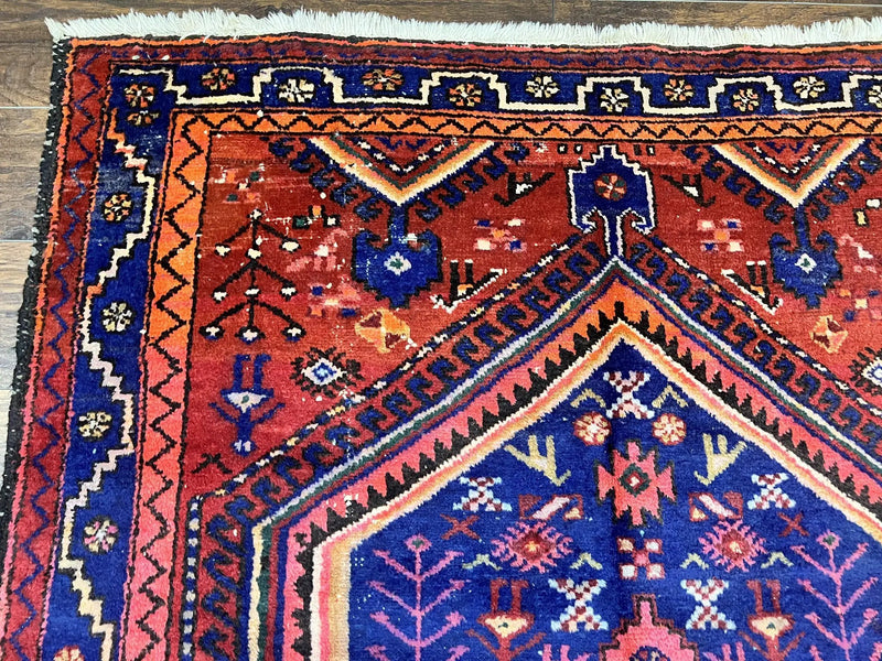 Persian Tribal Rug 5x7, Wool Handmade Vintage Hamadan Nahavand Carpet, Red & Navy Blue, Animal Motifs, Geometric Oriental Rug 5 x 7 by Jewel Rugs