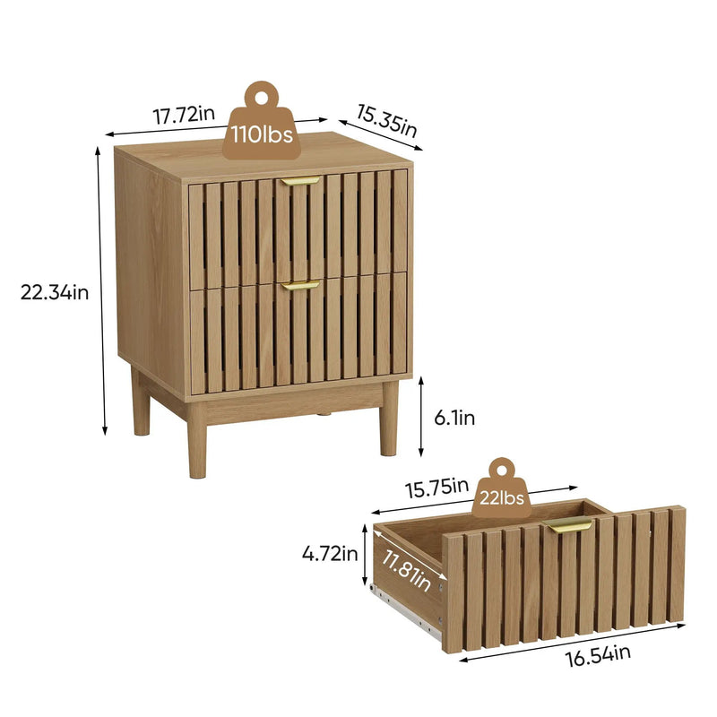 Bedside Table With Grille Design And 2 Drawers, Side Table For Bedroom - Oak by Unique Piece Furniture