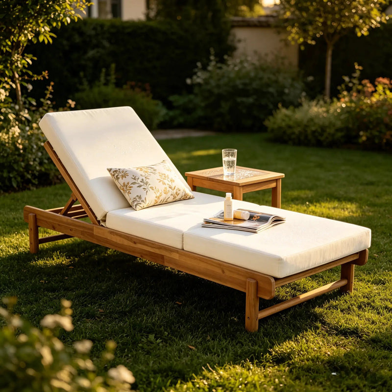 Light Teak Acacia Wood Chaise Lounge Set: 1 Frame + 1 3-Fold by HouseOfZazla