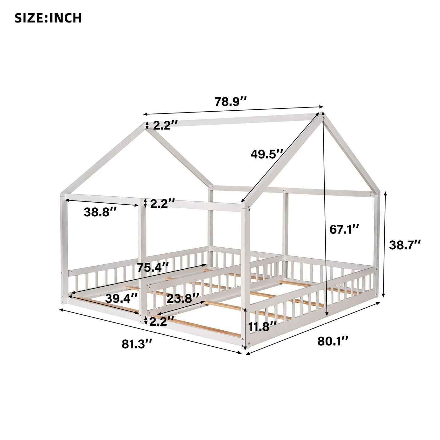 House Platform Beds, 2 Shared Beds, Metal Frame With Guardrails by HouseOfZazla