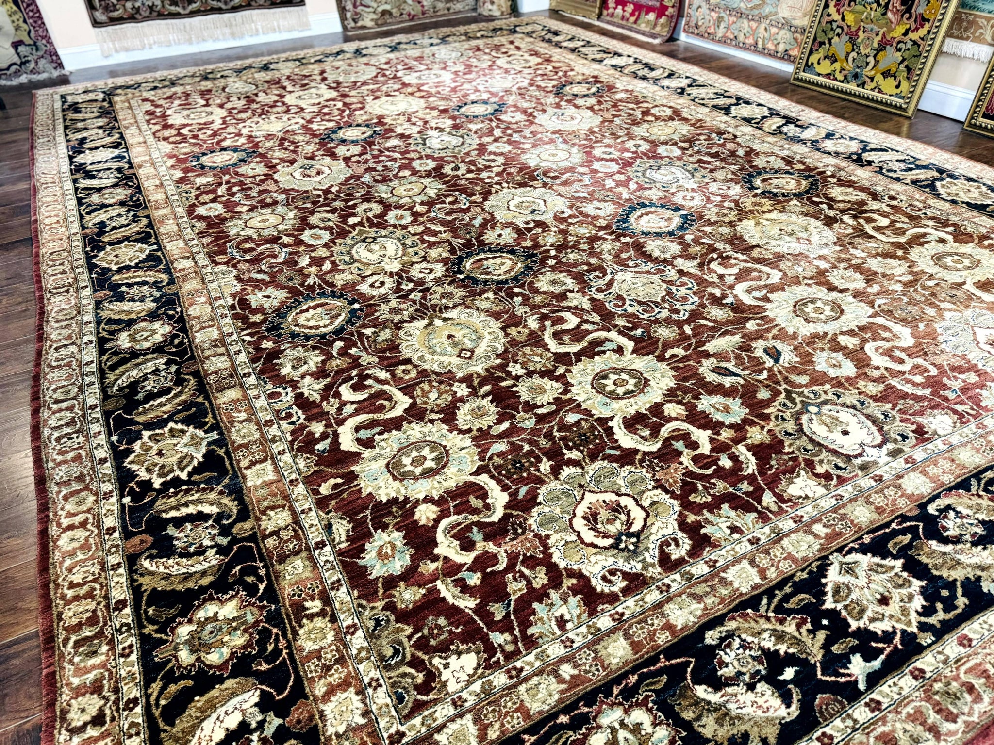 Palace Sized Indian Agra Rug 12x17, Wool Handmade Floral Allover Carpet by Jewel Rugs
