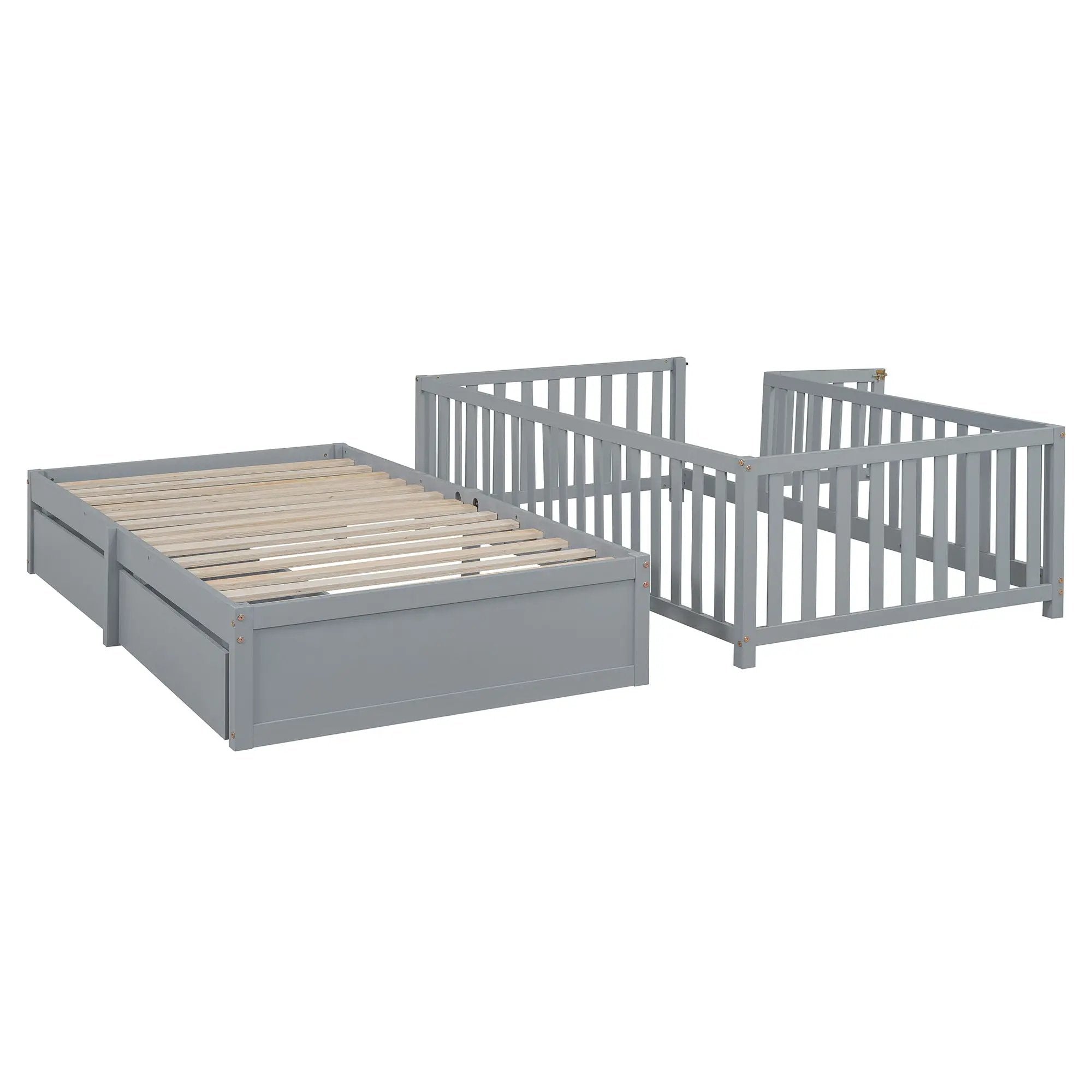 Daybed With Fence Guardrails And 2 Drawers, Split Into Independent Floor Bed & Daybed by HouseOfZazla