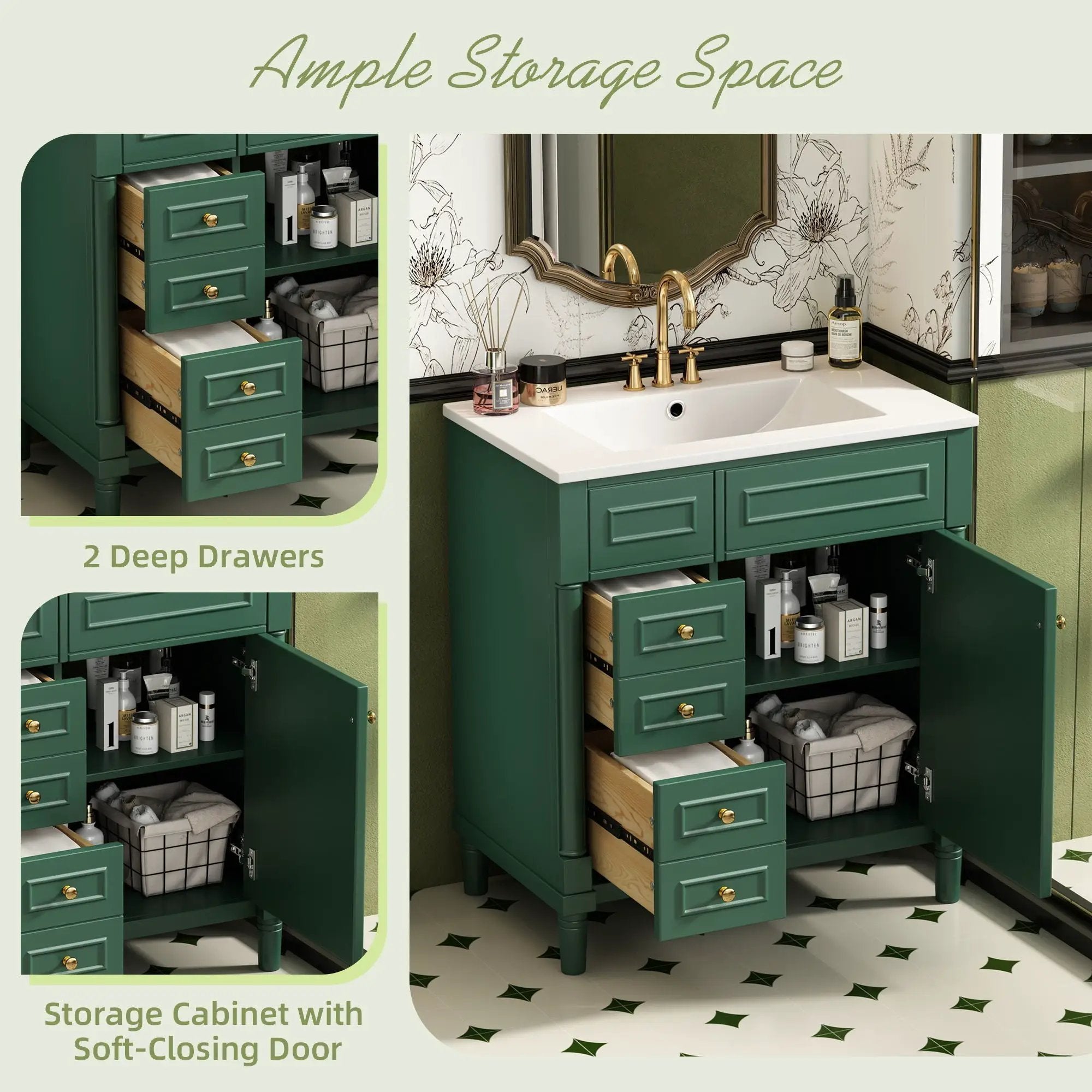 Bathroom Vanity With Sink, Freestanding Storage Cabinet & 2 Drawers And Soft Closing Door, Solid Legs, Frame, Basin,