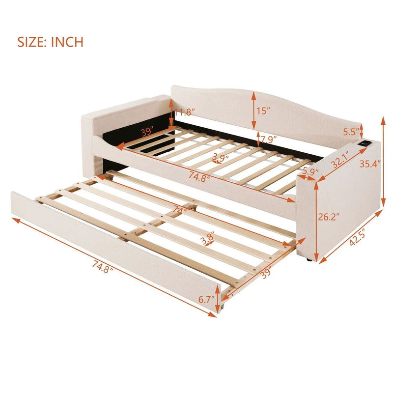Upholstered Daybed With Storage Armrests, Trundle And Latest Integrated tooth Audio System by HouseOfZazla