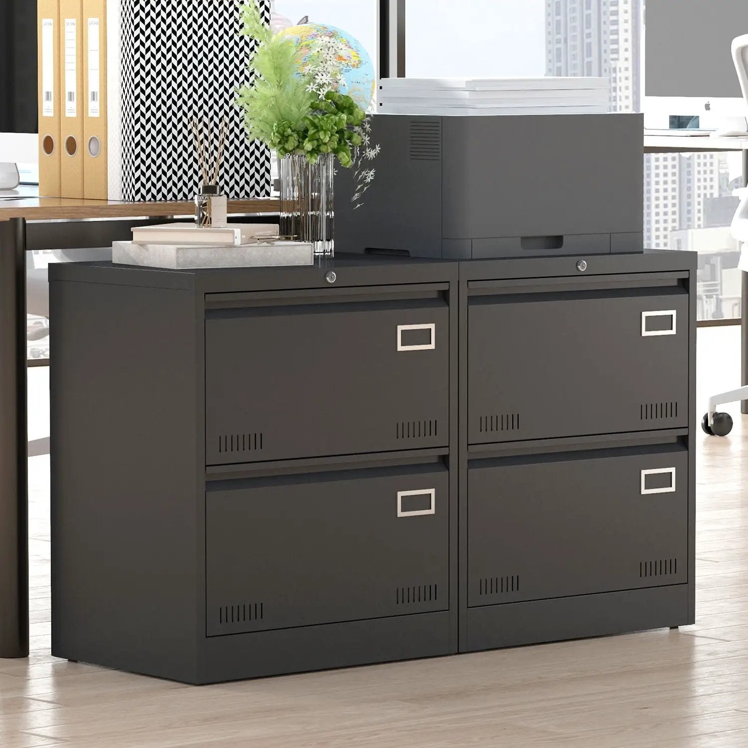 2 Drawer Metal Lateral File Cabinet With Lock, Office Vertical Files Cabinet For Home Office, Locking Metal File Cabinet - Black by HouseOfZazla
