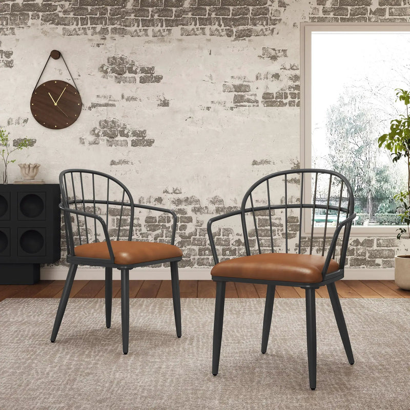 Industrial Inspired Upholstered Dining Chair Set With Metal Legs (Set of 2) - Brown by HouseOfZazla