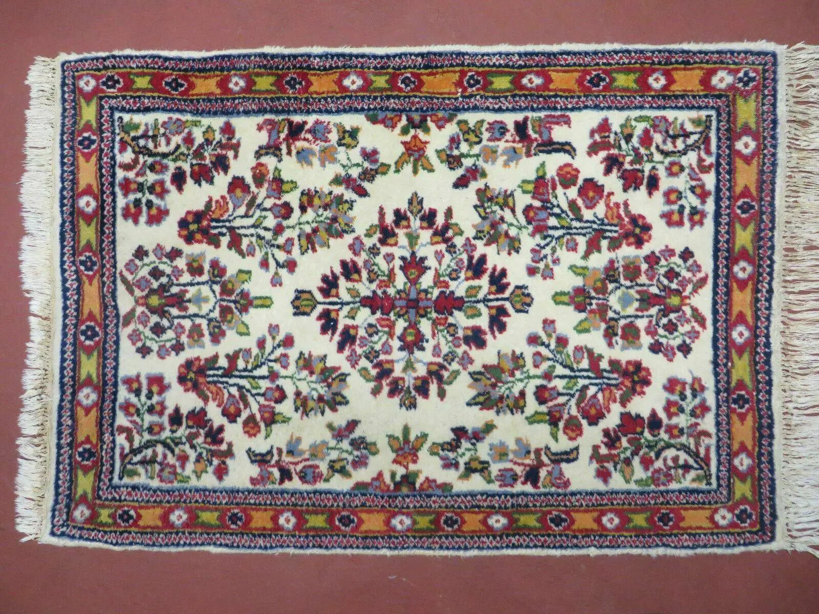 Small Persian Rug 2 x 3, Tiny Persian Sarouk Carpet, Cream Navy Blue Red, Floral Medallion, Vintage Wool Rug, Handmade Hand-Knotted Oriental Rug by Jewel Rugs