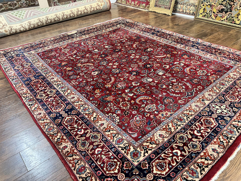 Signed Persian Mashad Rug 8x10, Wool Oriental Carpet, Semi Antique Rug, Hand Knotted, Traditional, Red, Floral Allover, by Jewel Rugs
