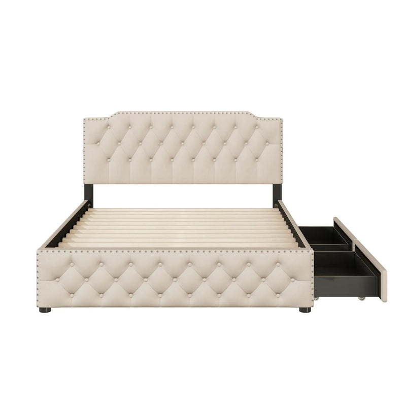 Upholstered Platform Bed With 2 Drawers And 2 Sets Of USB Ports On Each Side, Fabric by HouseOfZazla