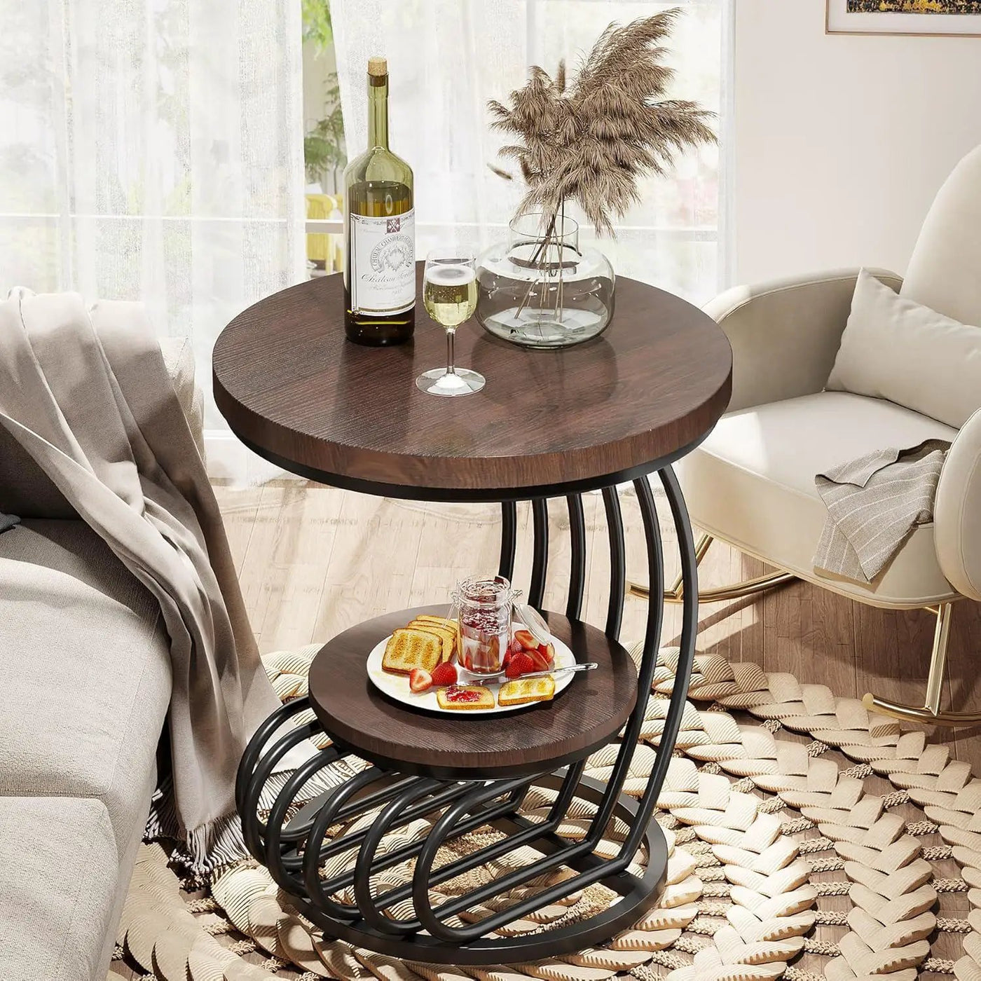 Round Vintage End Table With 2 Tier Storage by HouseOfZazla
