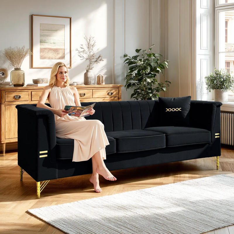 FX-P82-BK2 Modern Velvet 3-Seater Sofa with 2 Pillows by HouseOfZazla