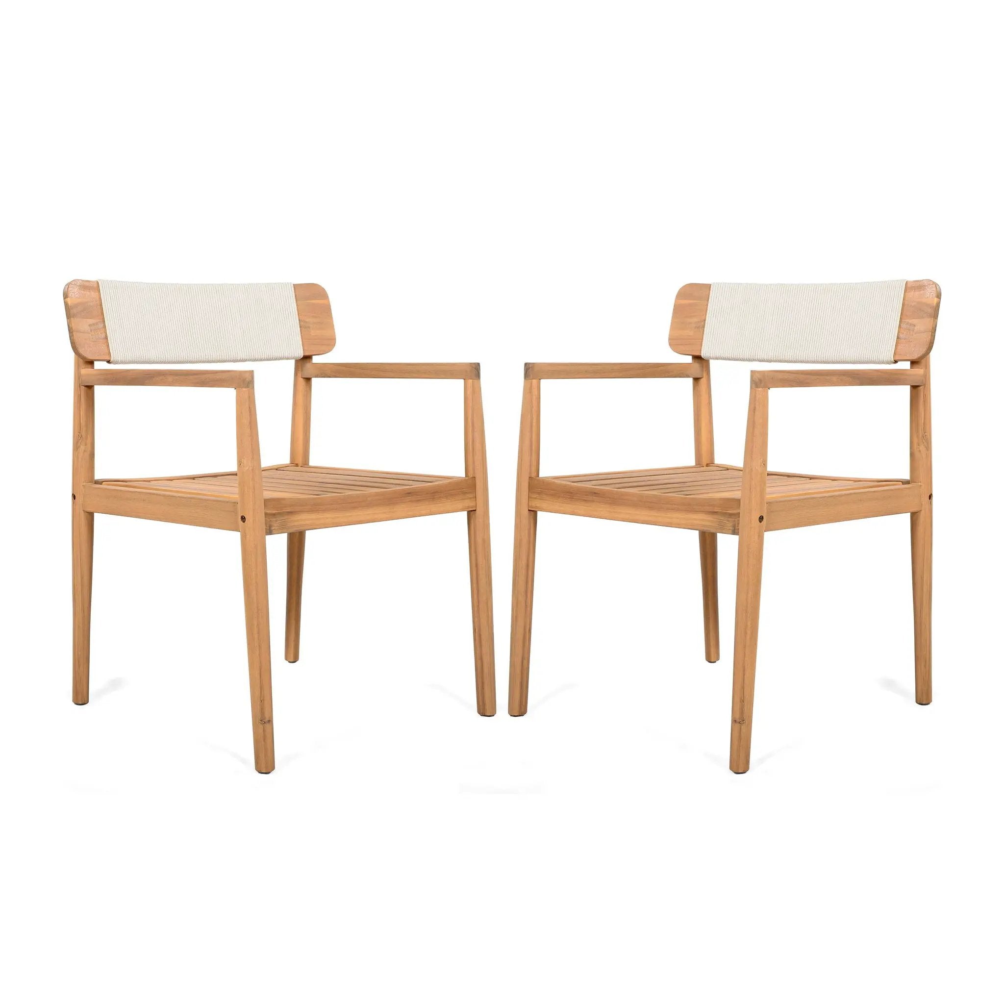 Creative Braided Acacia Wood Outdoor Dining Chairs with Armrests (Set of 2) - Teak / White by HouseOfZazla