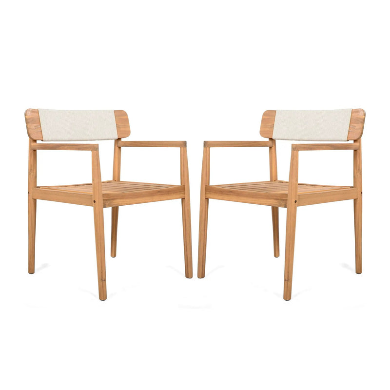 Creative Braided Acacia Wood Outdoor Dining Chairs with Armrests (Set of 2) - Teak / White by HouseOfZazla