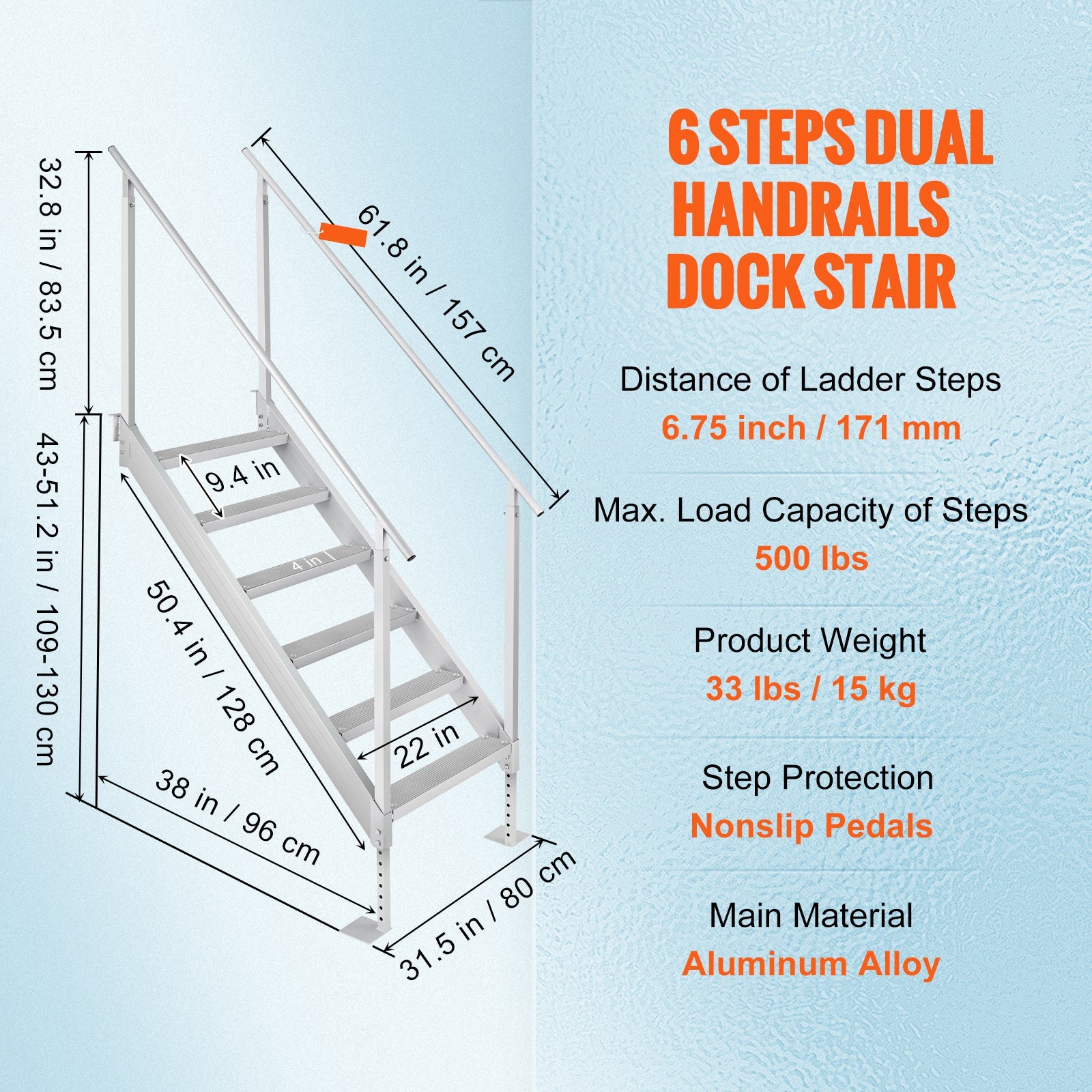 Dock Ladder, 43''-51'' Adjustable Height, 6 Steps with Dual Handrails by HouseOfZazla