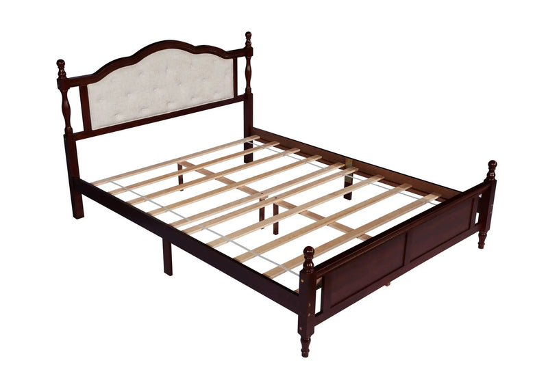Pine Wooden Bed With Upholstered Headboard And Panel Footboard, With Two Bed Rail Support Feet And Central Platform Support Feet by HouseOfZazla