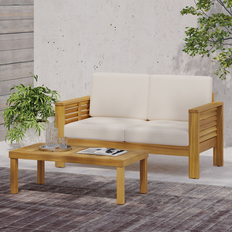 Acacia Wood Loveseat And Coffee Table Set With Cushions by HouseOfZazla