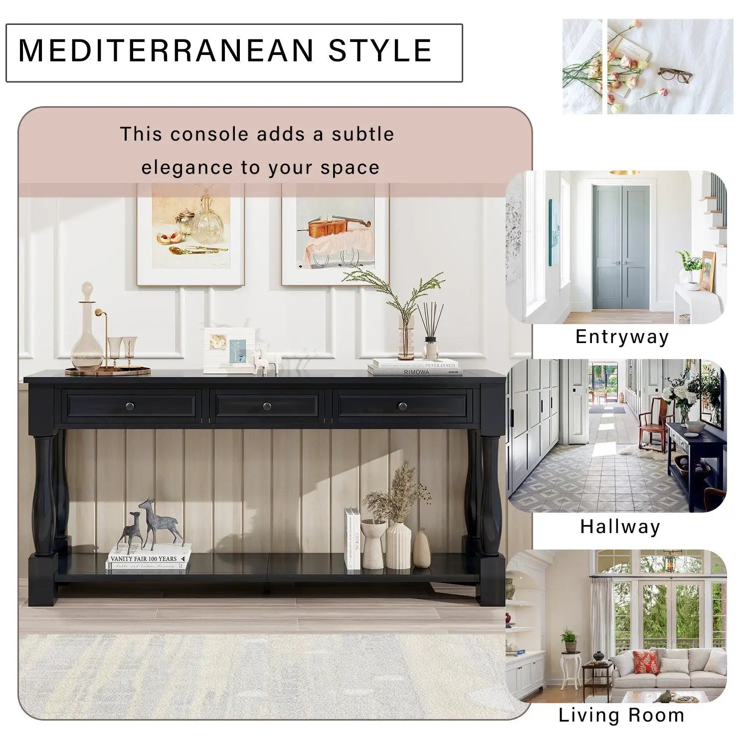 TREXM 63" Long Console Table with Drawers and Shelf by HouseOfZazla