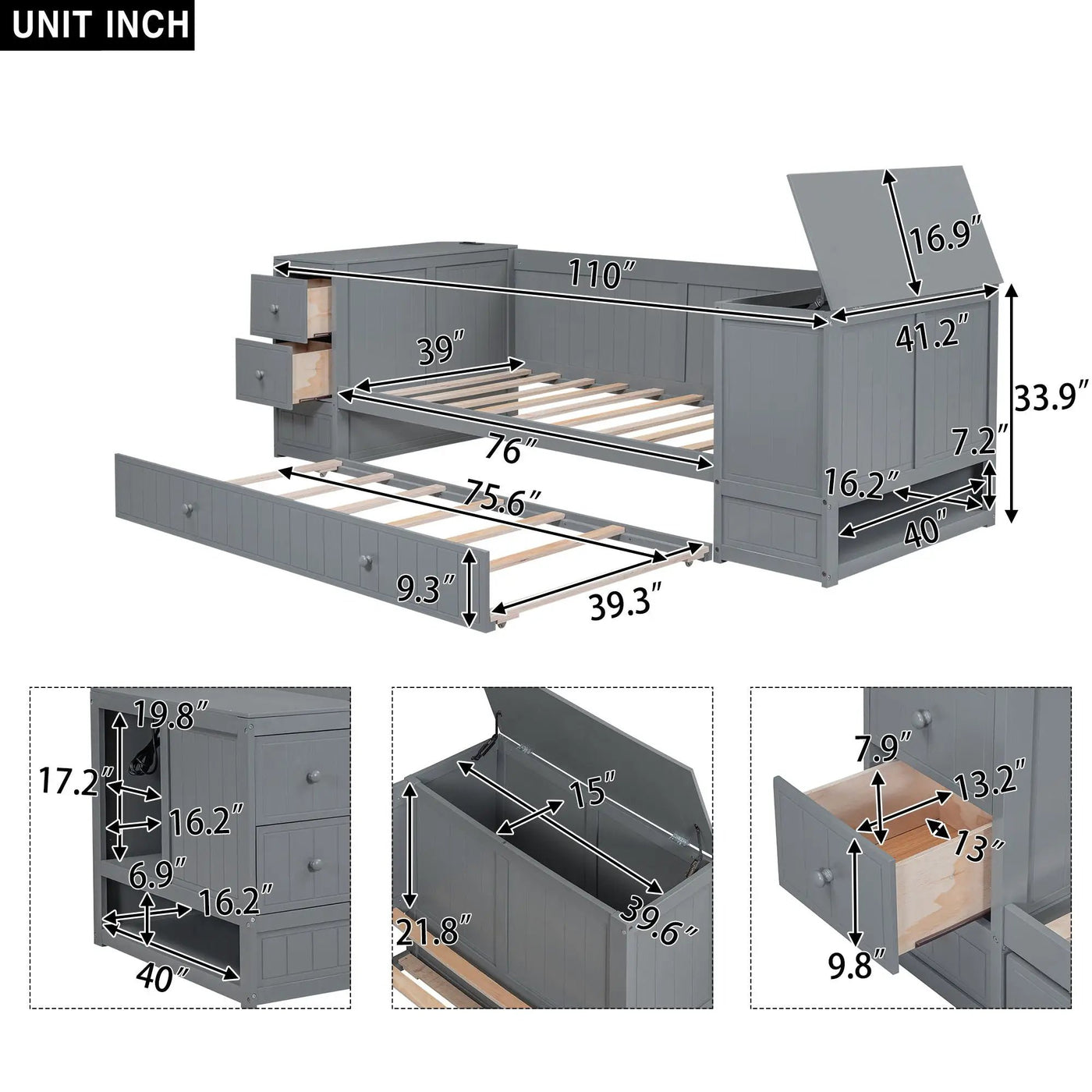 Daybed With Storage Arms, Trundle And Charging Station by Unique Piece Furniture