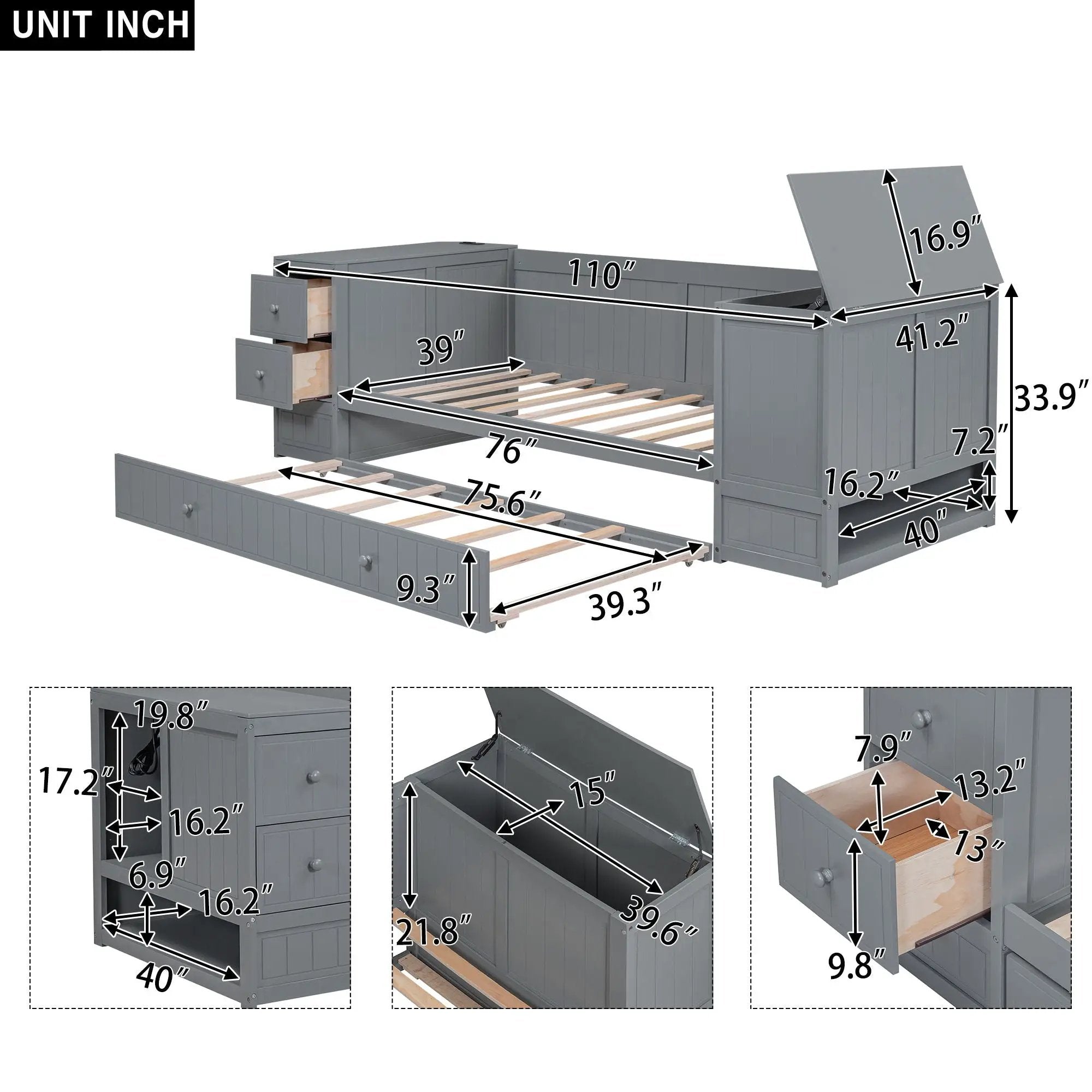 Daybed With Storage Arms, Trundle And Charging Station by Unique Piece Furniture