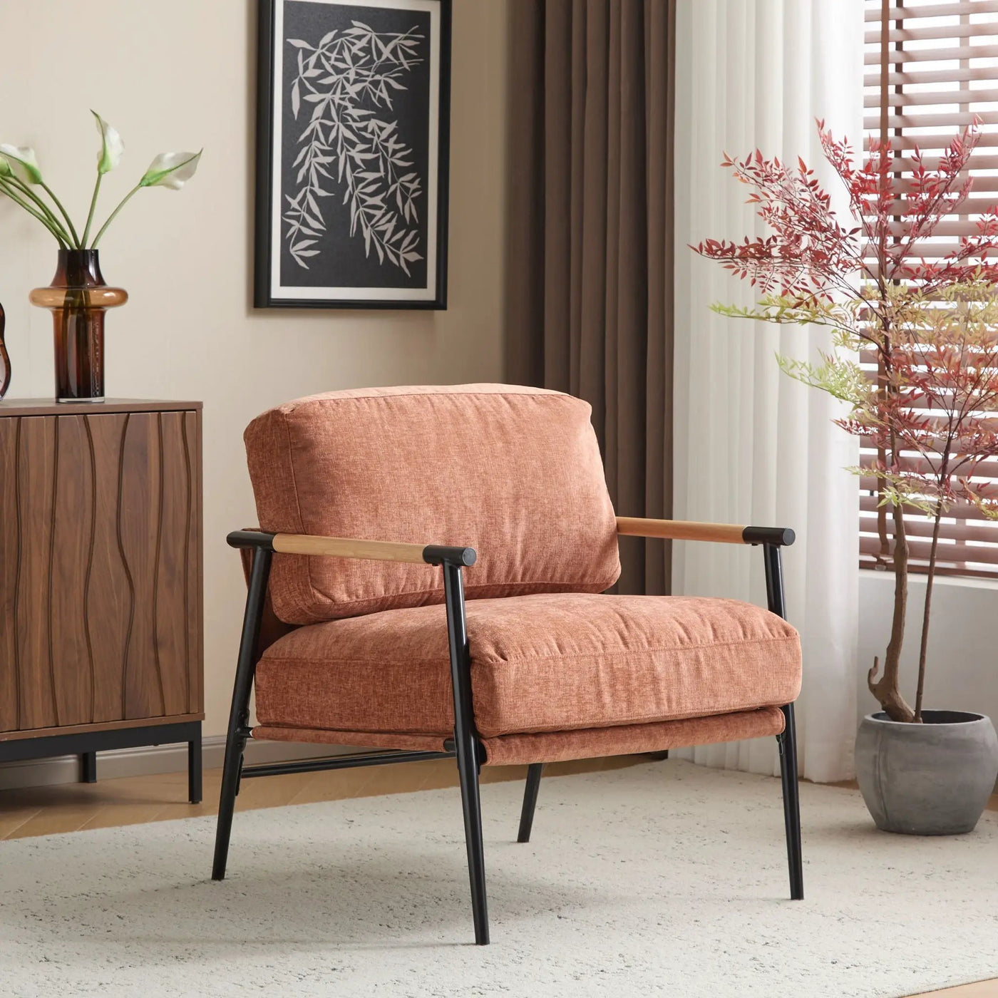 Modern Accent Chair With Plush Cushions and Wooden Armrests by HouseOfZazla