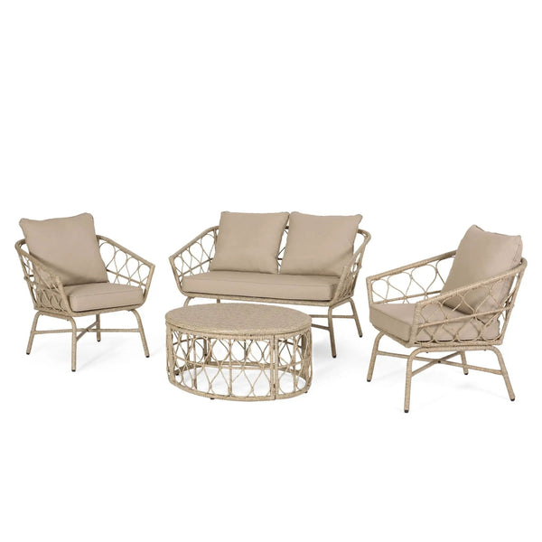 Bruce Boho Inspired 4 Pieces Chat Set with Water Resistant Cushions - Brown