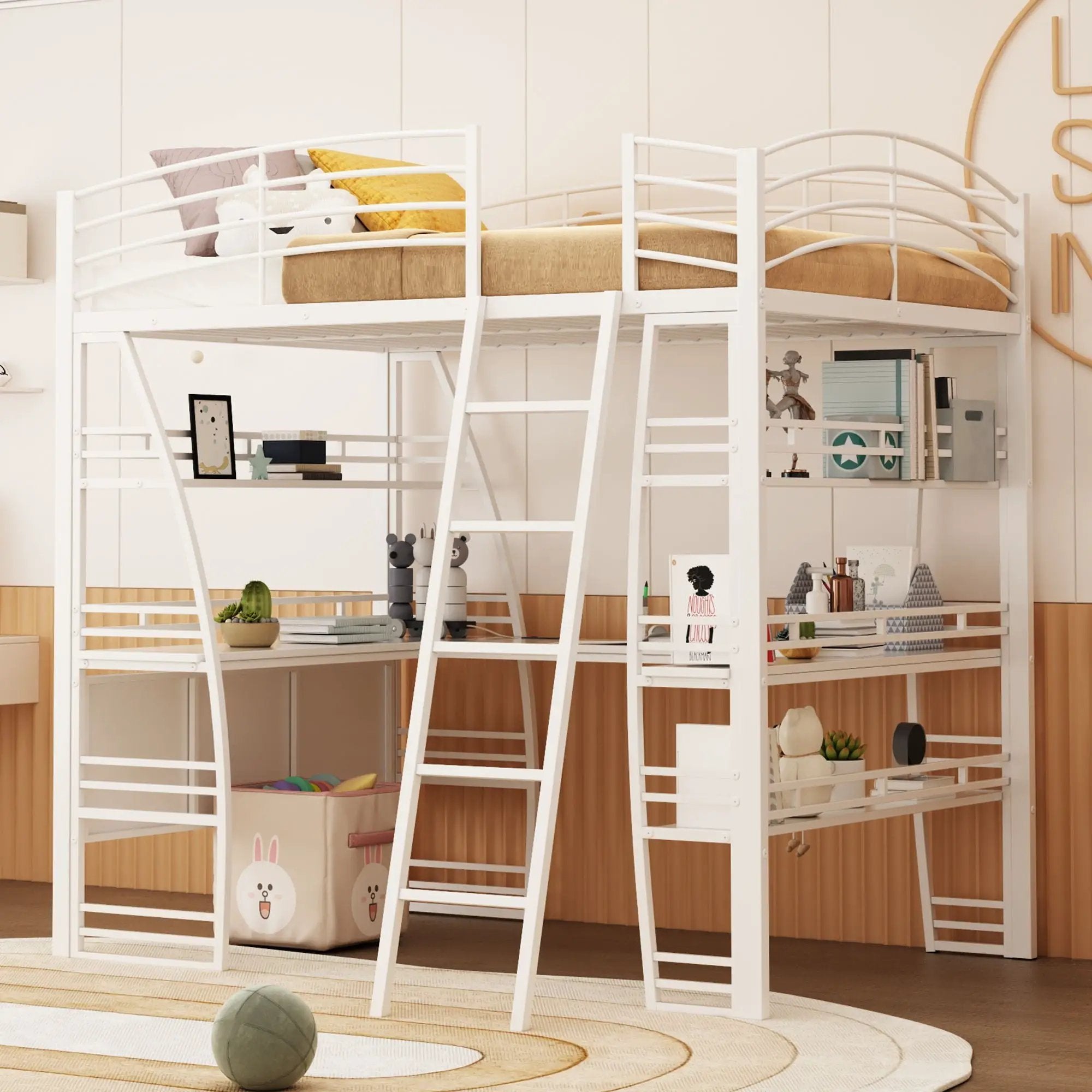 Loft Bed With 4 Layers Of Shelves And L-Shaped Desk, Stylish Metal Frame Bed With A Set Of Sockets, USB Ports And And Wireless Charging by Unique Piece Furniture