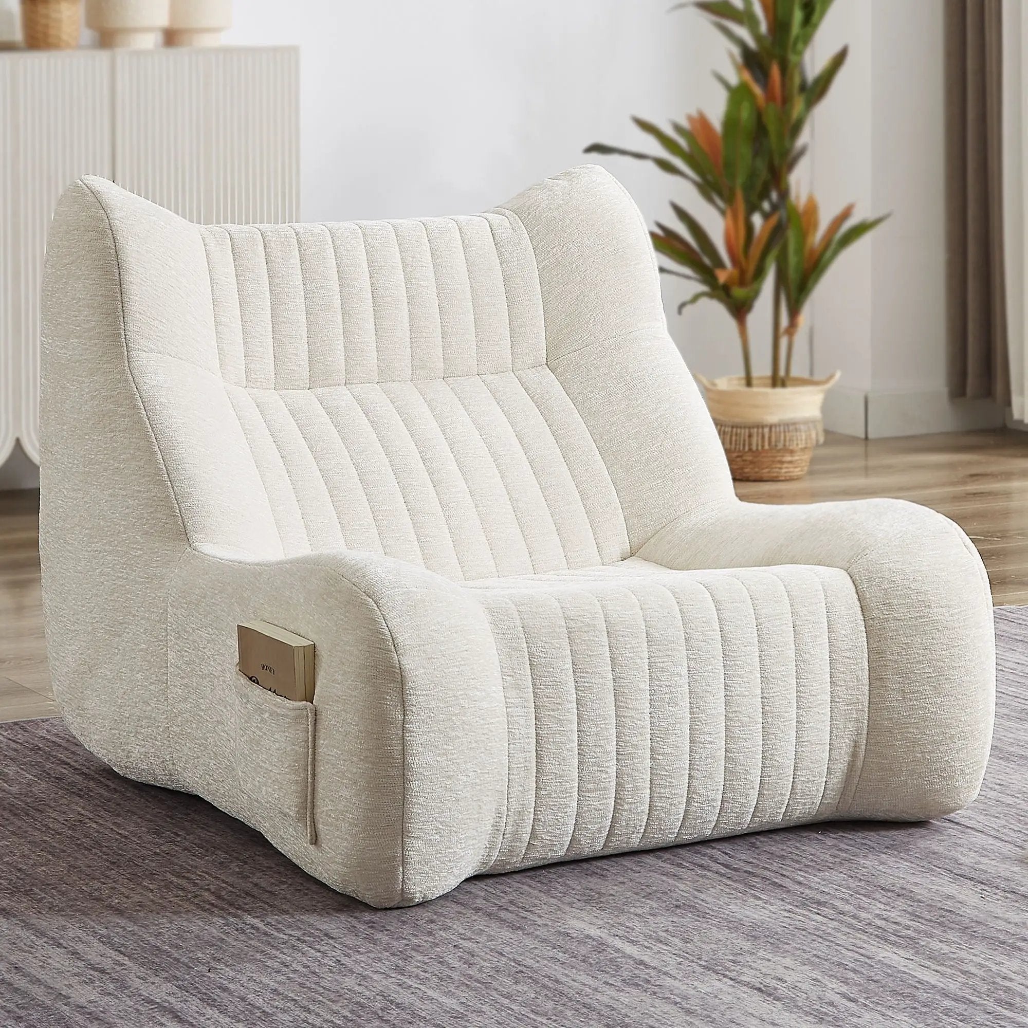 Bean Bag Chair For Adults, Lazy Floor Sofa Couch Memory Foam Bean Bag Sofas Chenille Fabric Reading Chair Comfortable Corner Lounge Sofa For Living Room - White by Unique Piece Furniture