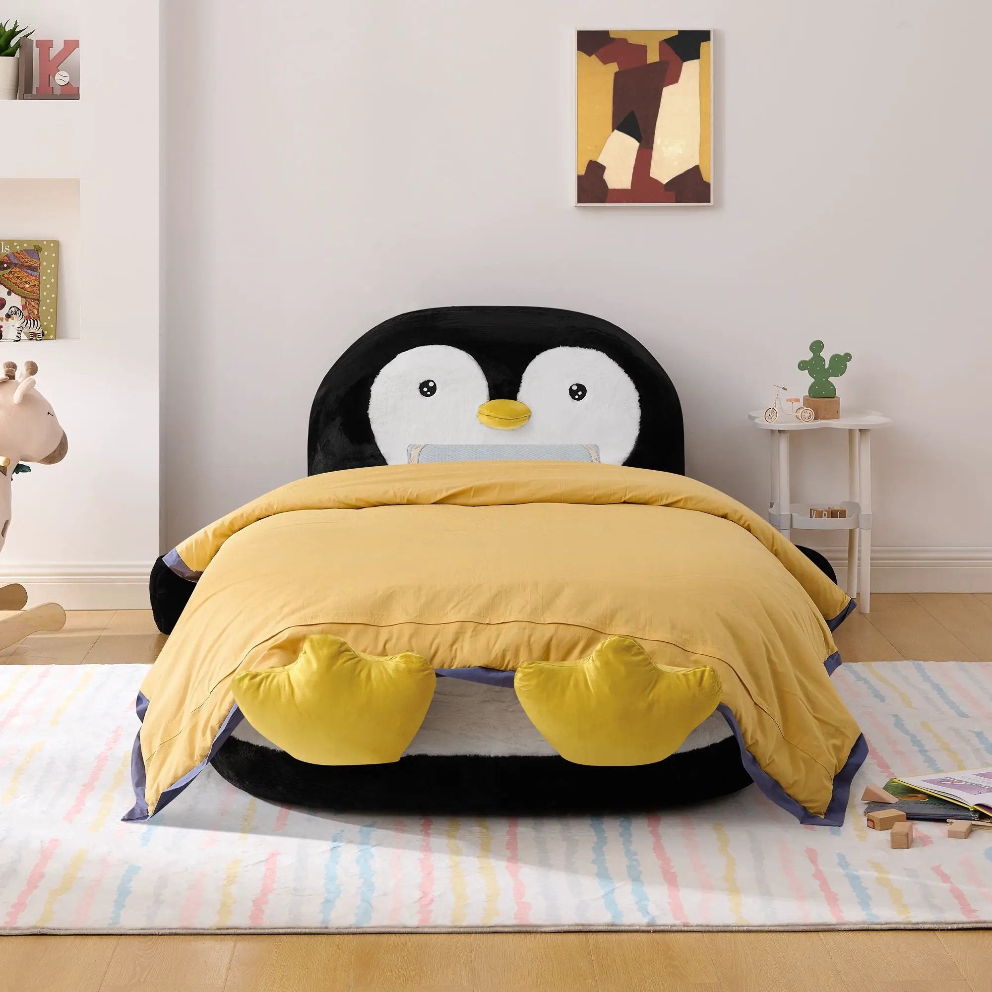 Twin Size Penguin Shaped Bed, Lounger Chair For Kids Bedroom - White / Black by HouseOfZazla