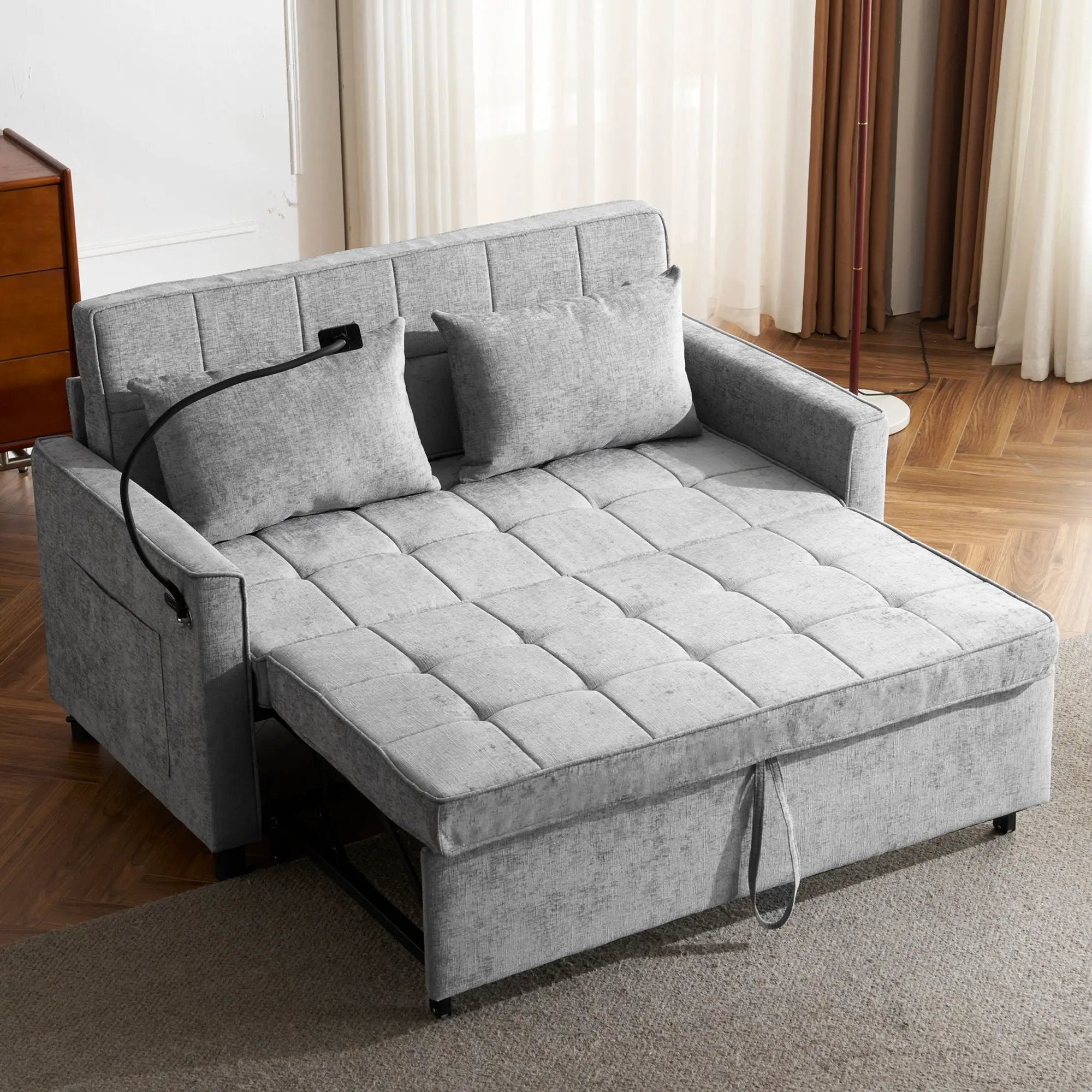 Pull-Out Sleeper Sofa With Reversible Backrest Cushion, Side Pockets, 2 USB Ports And A Phone Holder For Living Room by Unique Piece Furniture