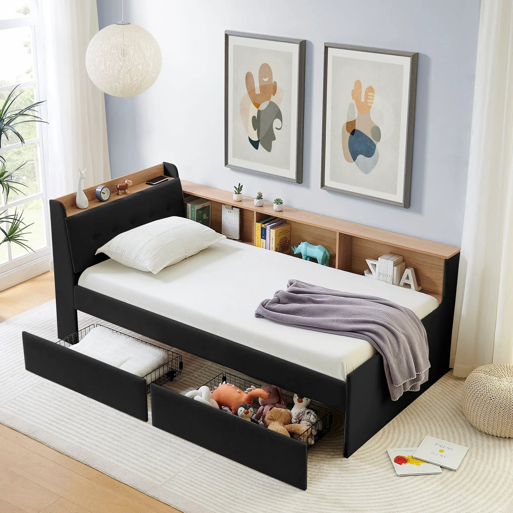 Upholstered Daybed With Storage Headboard, Wireless Charging, LED Lights by Unique Piece Furniture