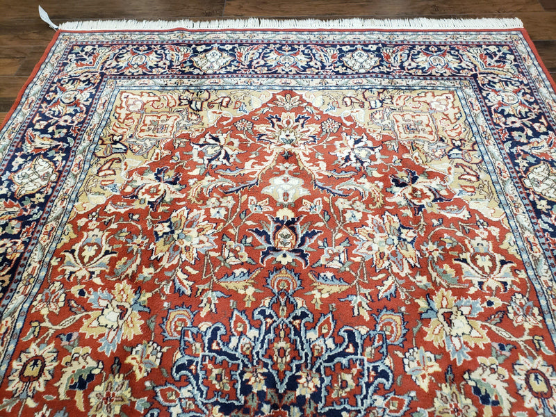 Vintage Indo Persian Oriental Rug 6 x 9.6, Wool Hand-Knotted Red Dark Blue & Gold Indian Carpet, 6 x 9 Office Room Rug, Floral Medallion by Jewel Rugs